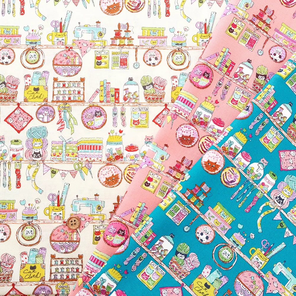 コットンシーチングプリント生地　にゃんともかわいい　お裁縫時間